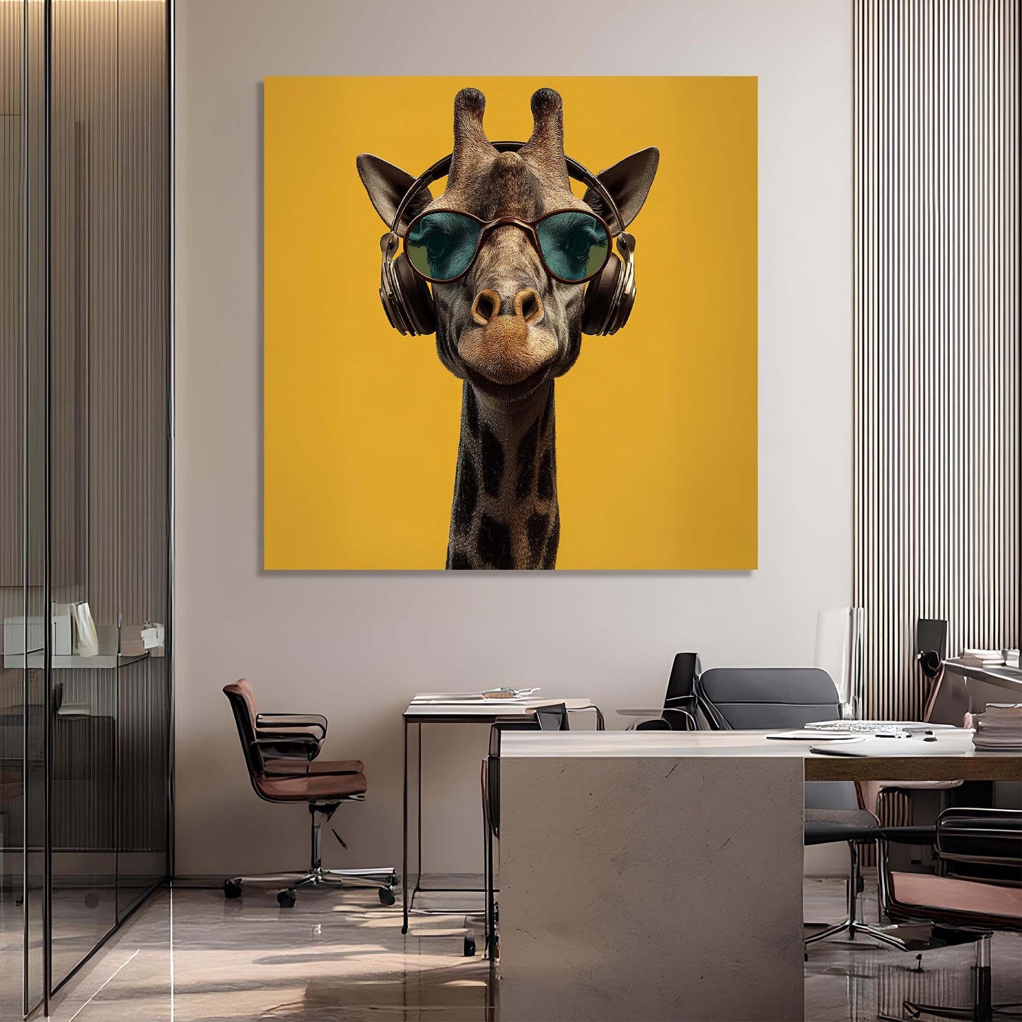 Giraffe wearing sunglasses and headphones on a yellow background in an office setting