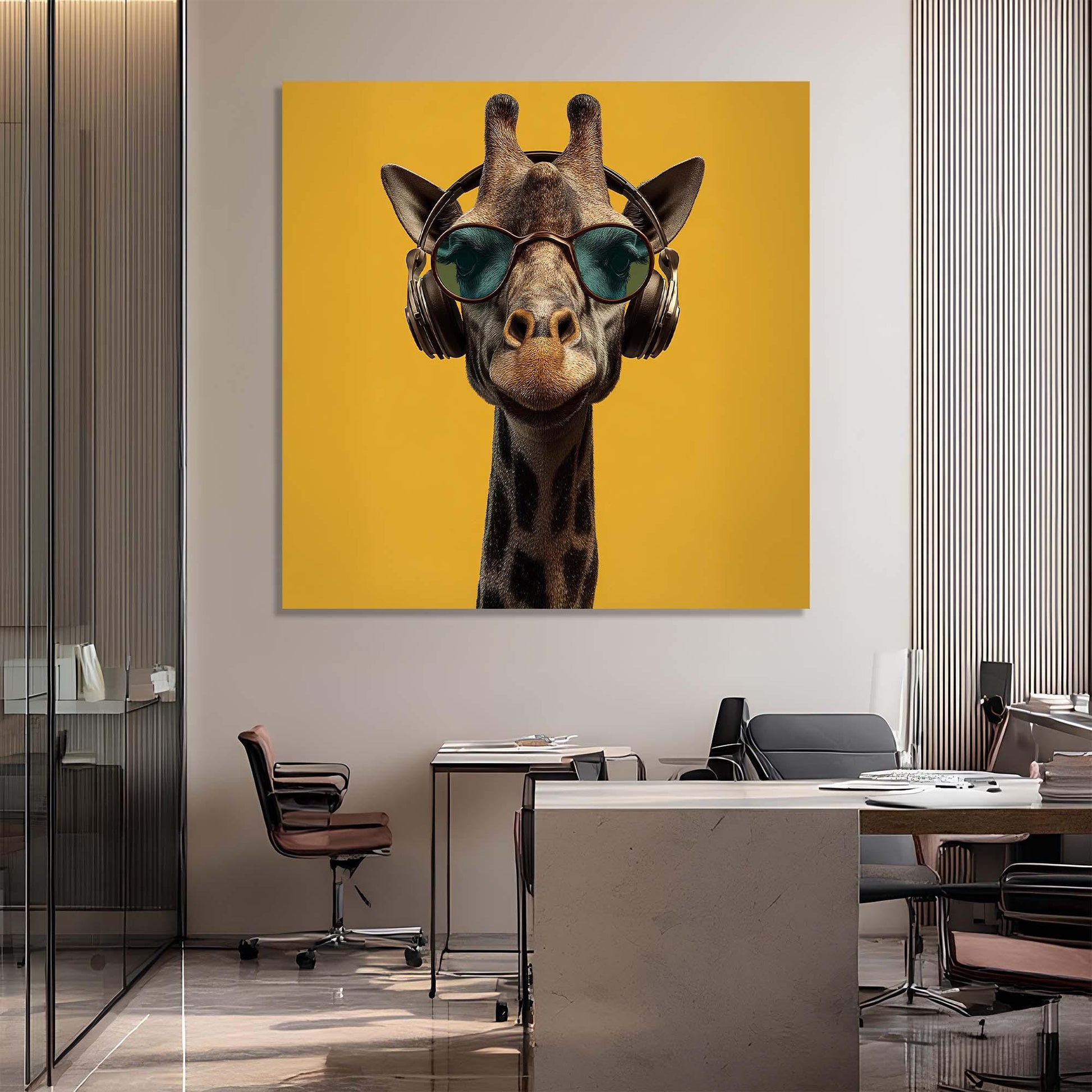 Giraffe wearing sunglasses and headphones on a yellow background in an office setting
