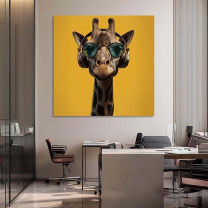 Giraffe wearing sunglasses and headphones on a yellow background in an office setting