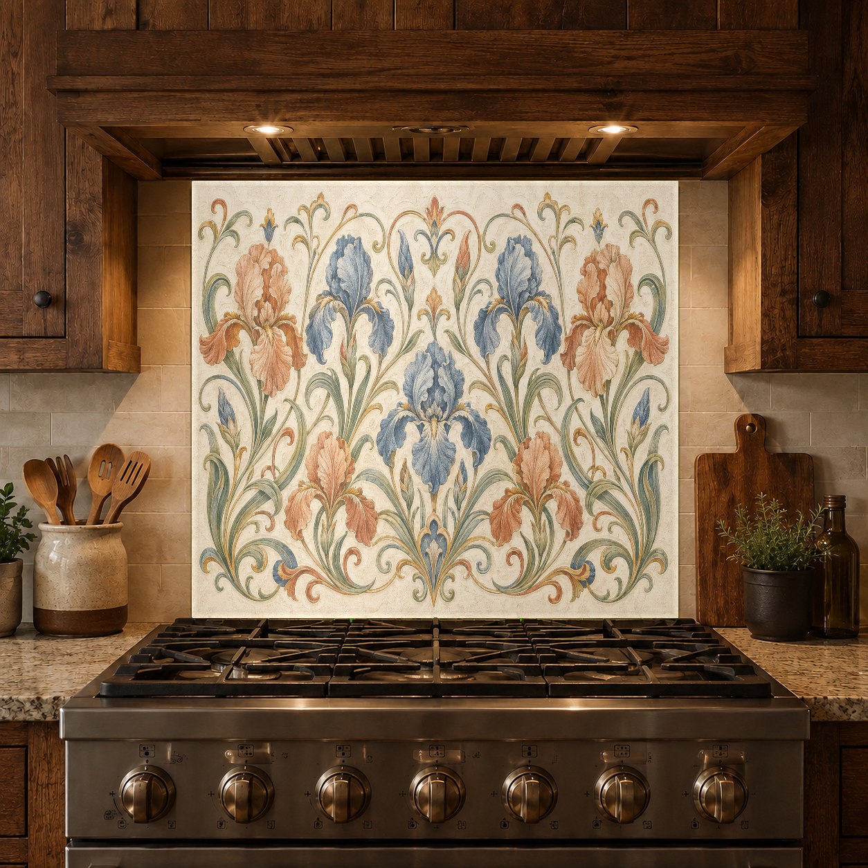 Elegant beige floral glass backsplash panel behind a stylish home bar range area.