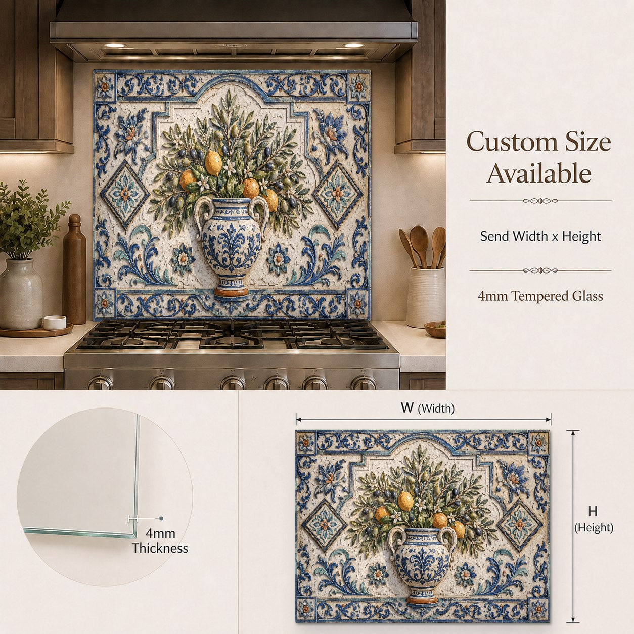 Tempered glass kitchen backsplash with lemon tile design above the countertop
