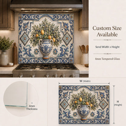 Tempered glass kitchen backsplash with lemon tile design above the countertop