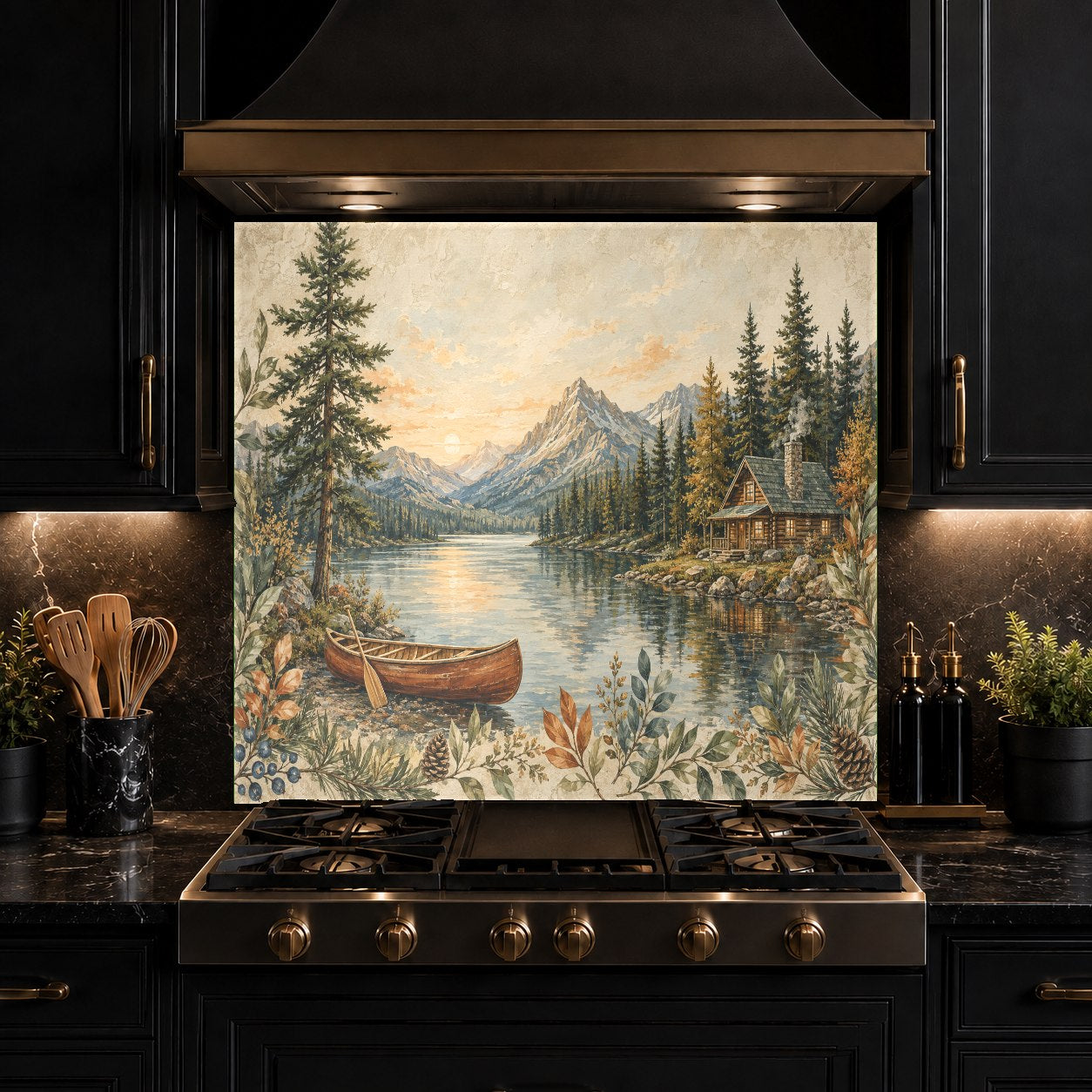 Easy-to-clean tempered glass backsplash with a lake and mountain print behind a modern kitchen sink.