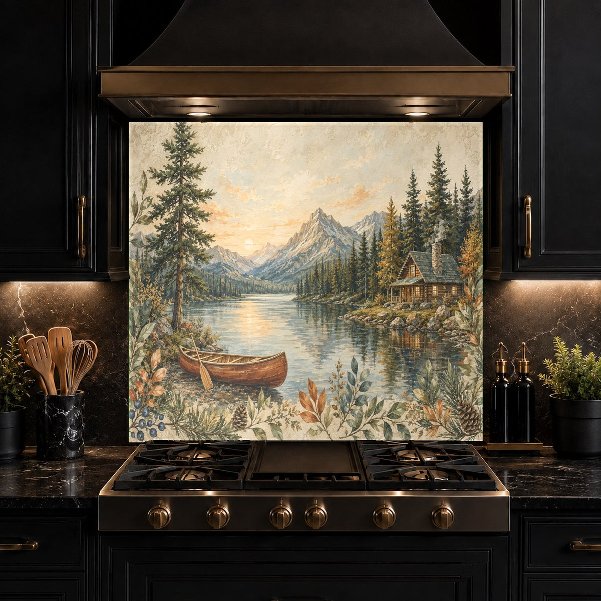 Easy-to-clean tempered glass backsplash with a lake and mountain print behind a modern kitchen sink.