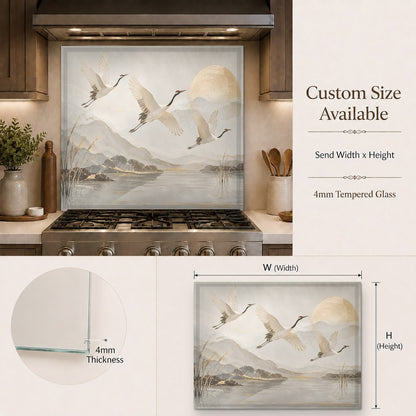 Birds theme glass backsplash panel installed in a contemporary kitchen bar area