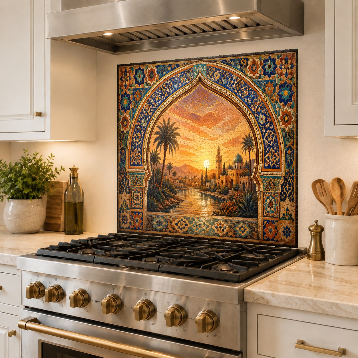 Elegant kitchen bar wall featuring a Sunset Oasis tempered glass backsplash panel for a modern look.