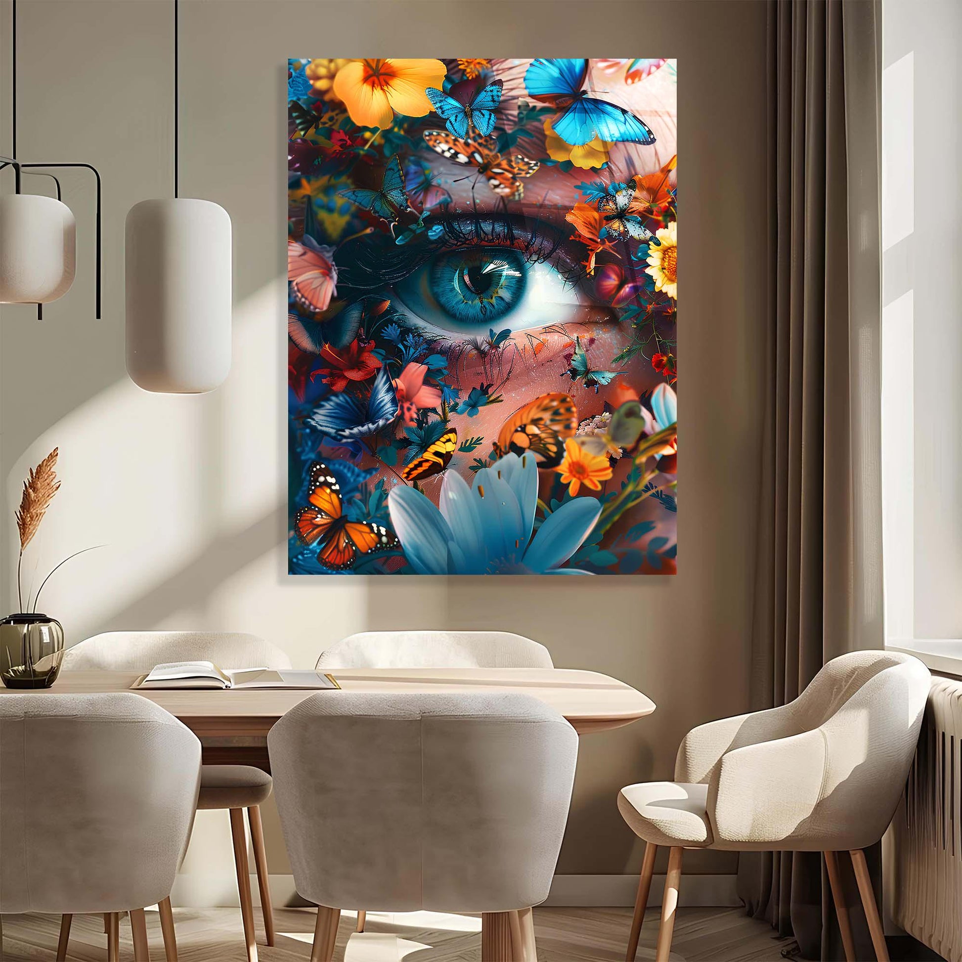 Dining room with a colorful abstract painting of an eye and butterflies on the wall.