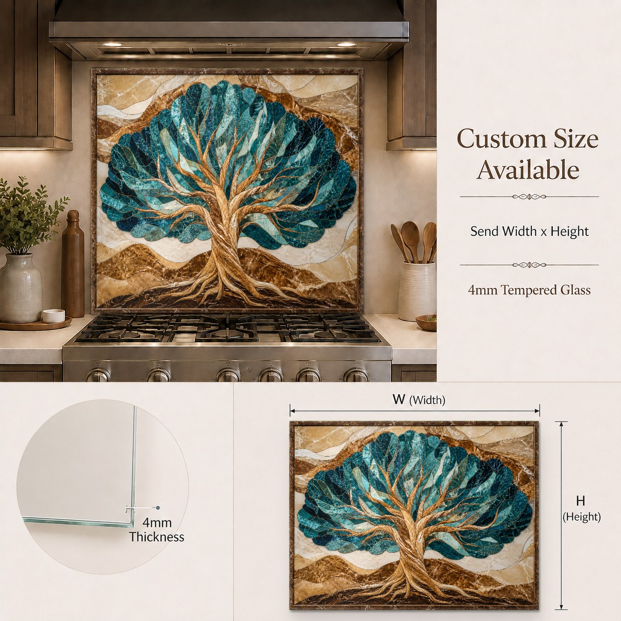 Luxurious kitchen island featuring a custom Tree of Life glass splashback