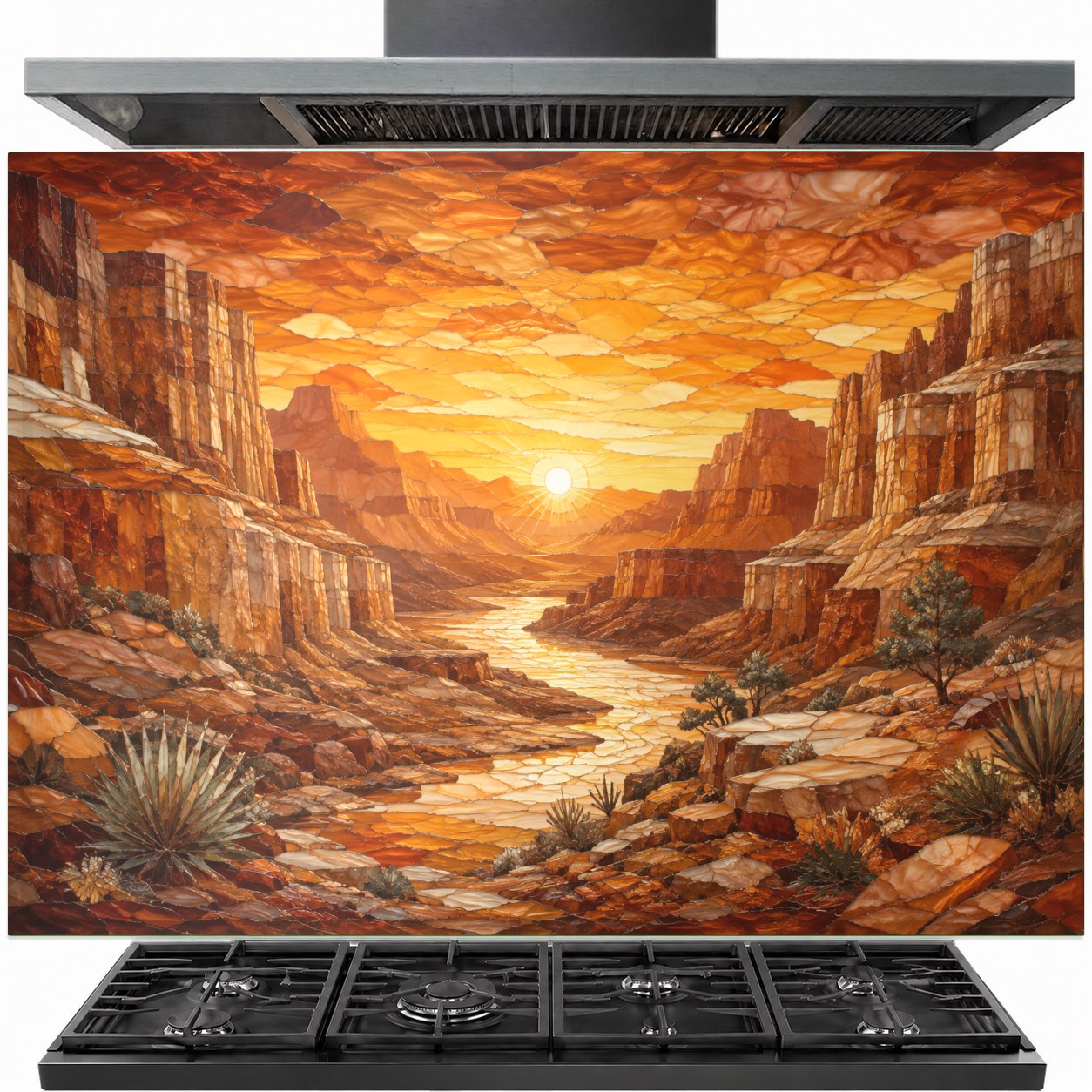 Canyon Sunset tempered glass backsplash installed behind a modern kitchen stove