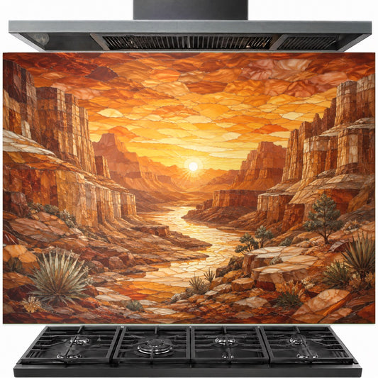 Canyon Sunset tempered glass backsplash installed behind a modern kitchen stove