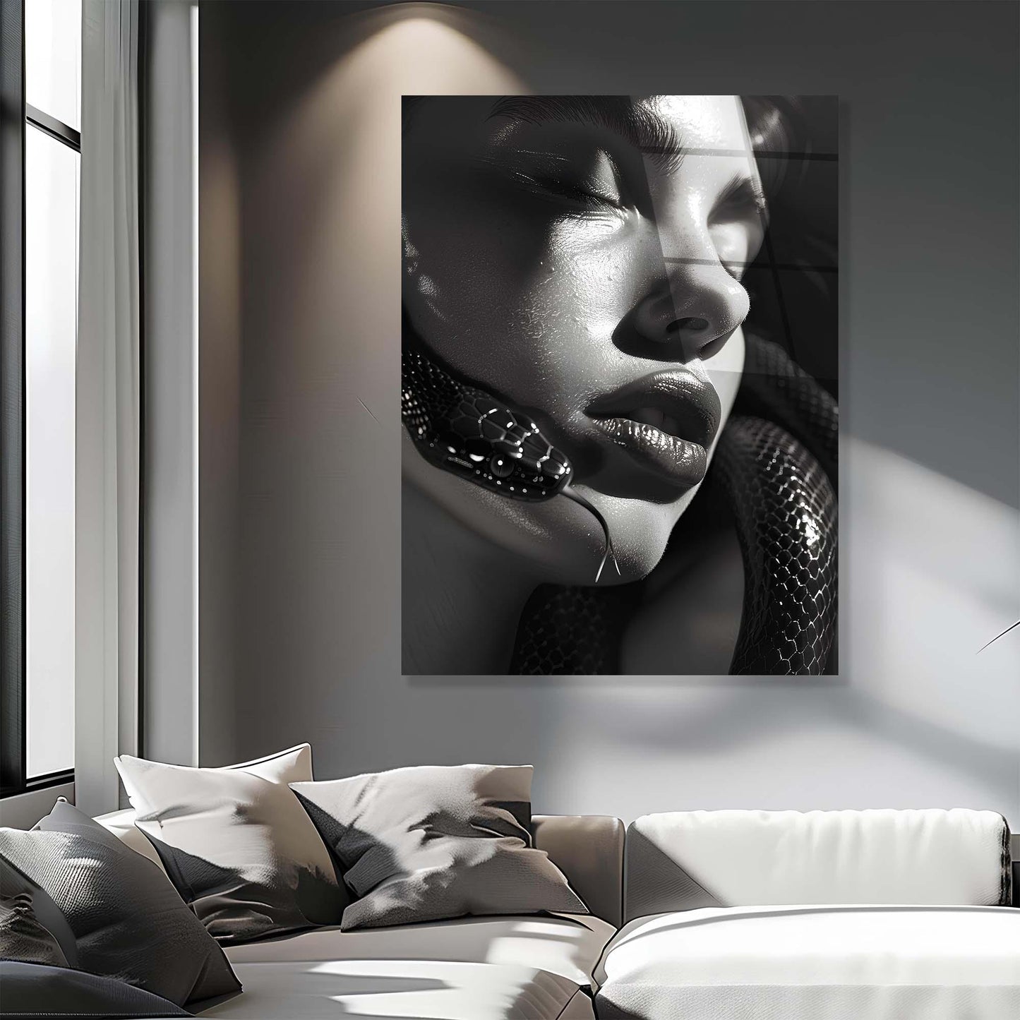 Modern living room with a large black and white portrait of a woman on the wall.