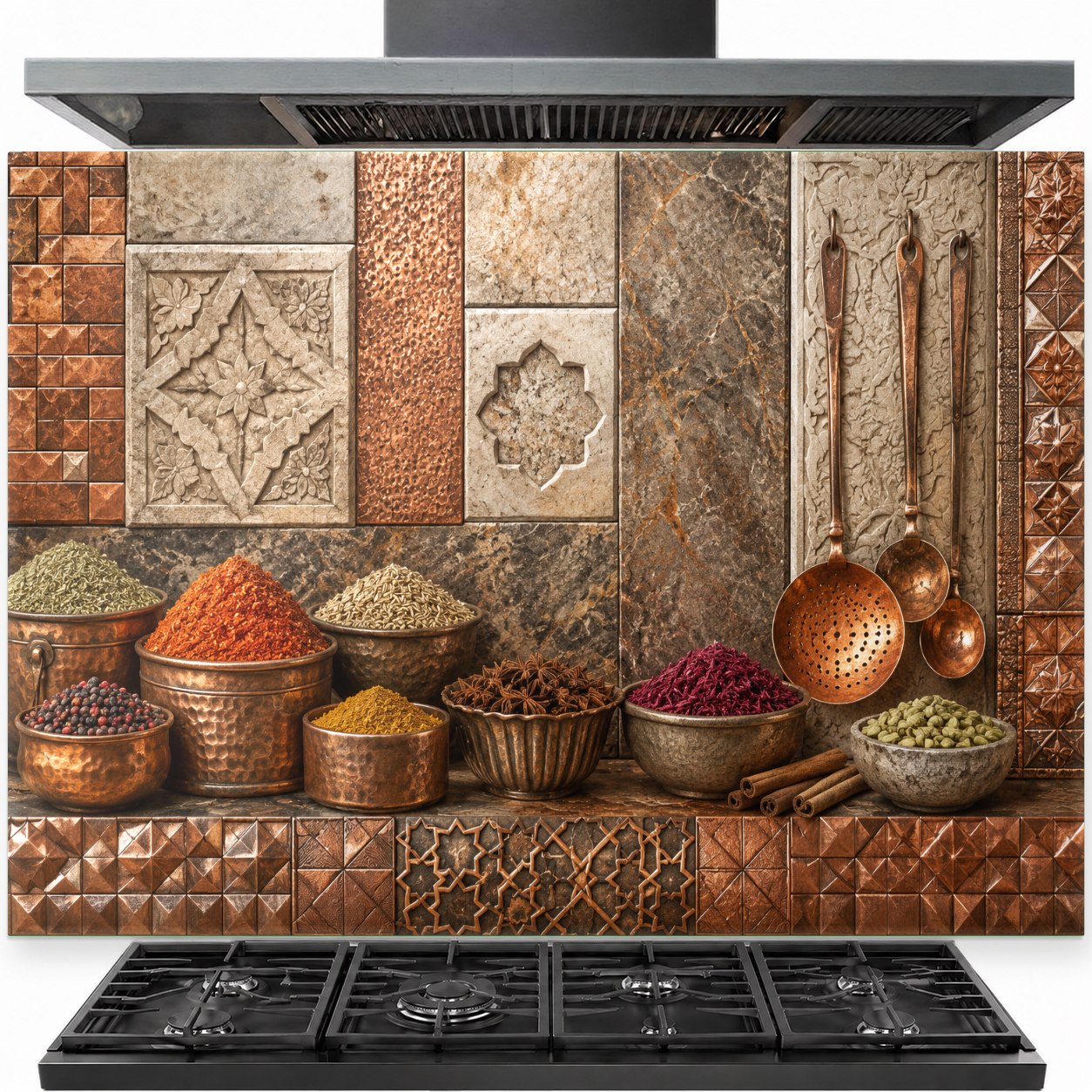 Copper Spice tempered glass backsplash installed behind a modern kitchen stove