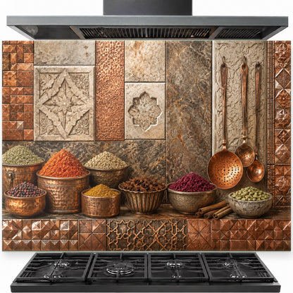 Copper Spice tempered glass backsplash installed behind a modern kitchen stove
