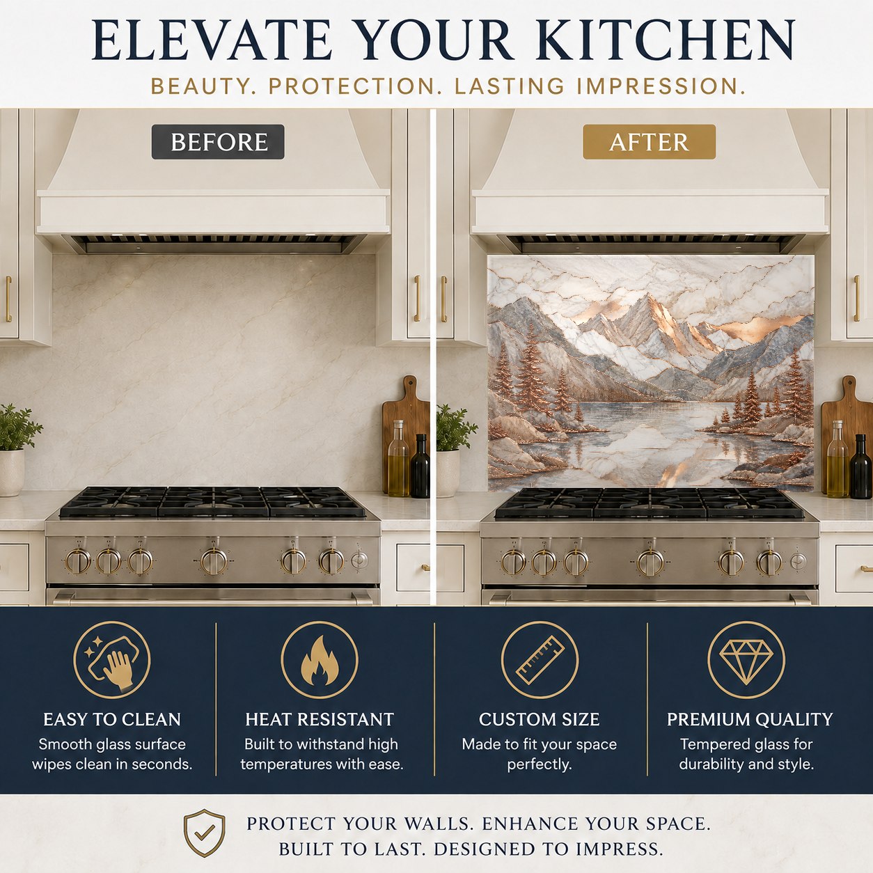 Elegant kitchen design featuring a copper lake scene glass backsplash behind the sink wall with modern fixtures.