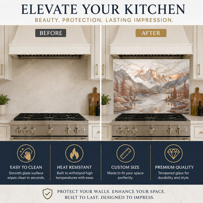 Elegant kitchen design featuring a copper lake scene glass backsplash behind the sink wall with modern fixtures.