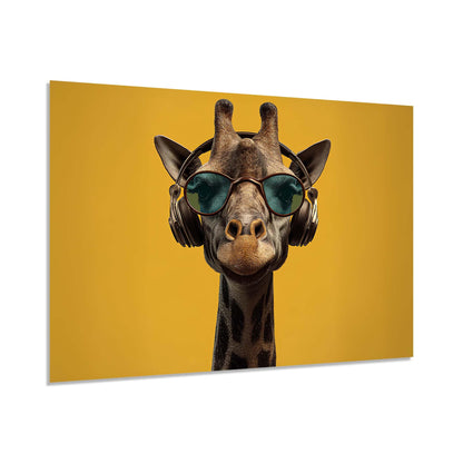 Giraffe wearing sunglasses and headphones on a mustard yellow background