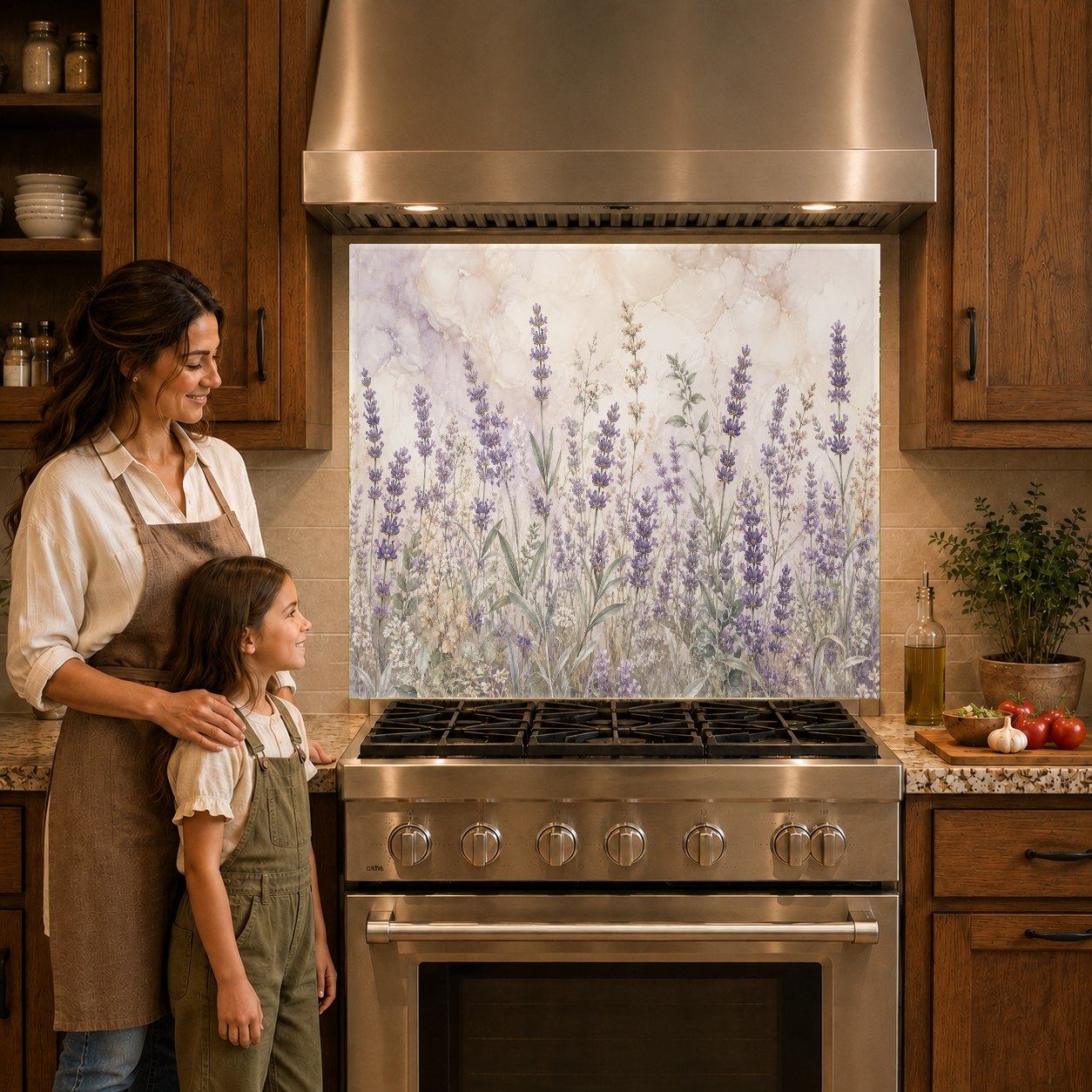 Vibrant purple lavender field design on a tempered glass backsplash behind an induction cooktop.