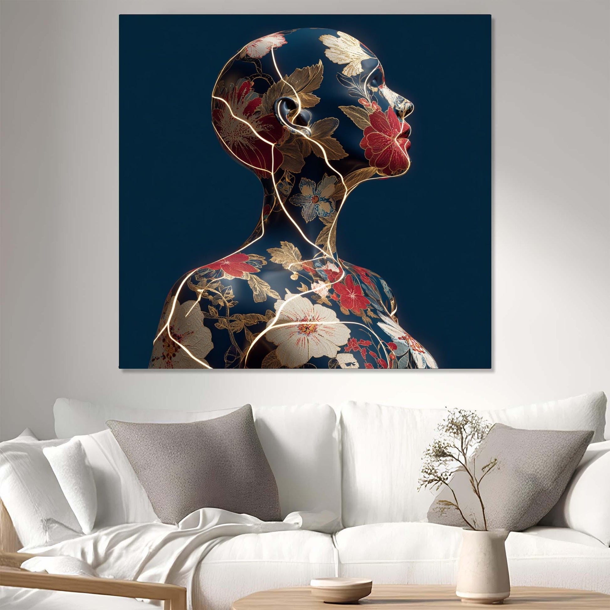 Decorative wall art of a stylized woman's profile with floral patterns in a living room.