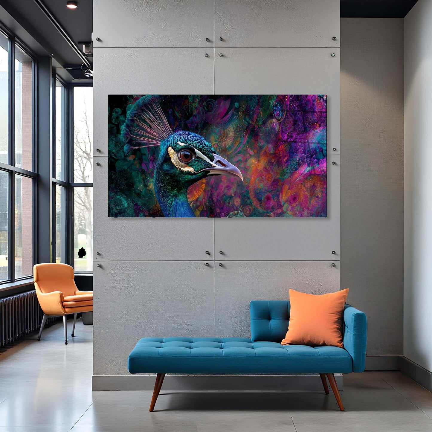 Modern interior with a colorful peacock painting on a wall above a blue bench and orange chair.