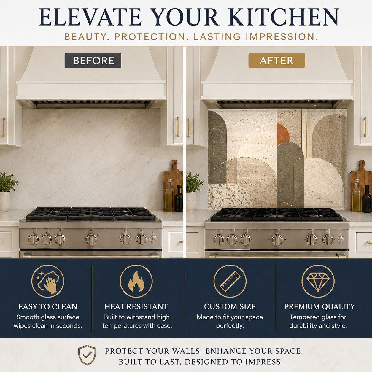Elegant heat-resistant glass stove guard with abstract liquid marble patterns.