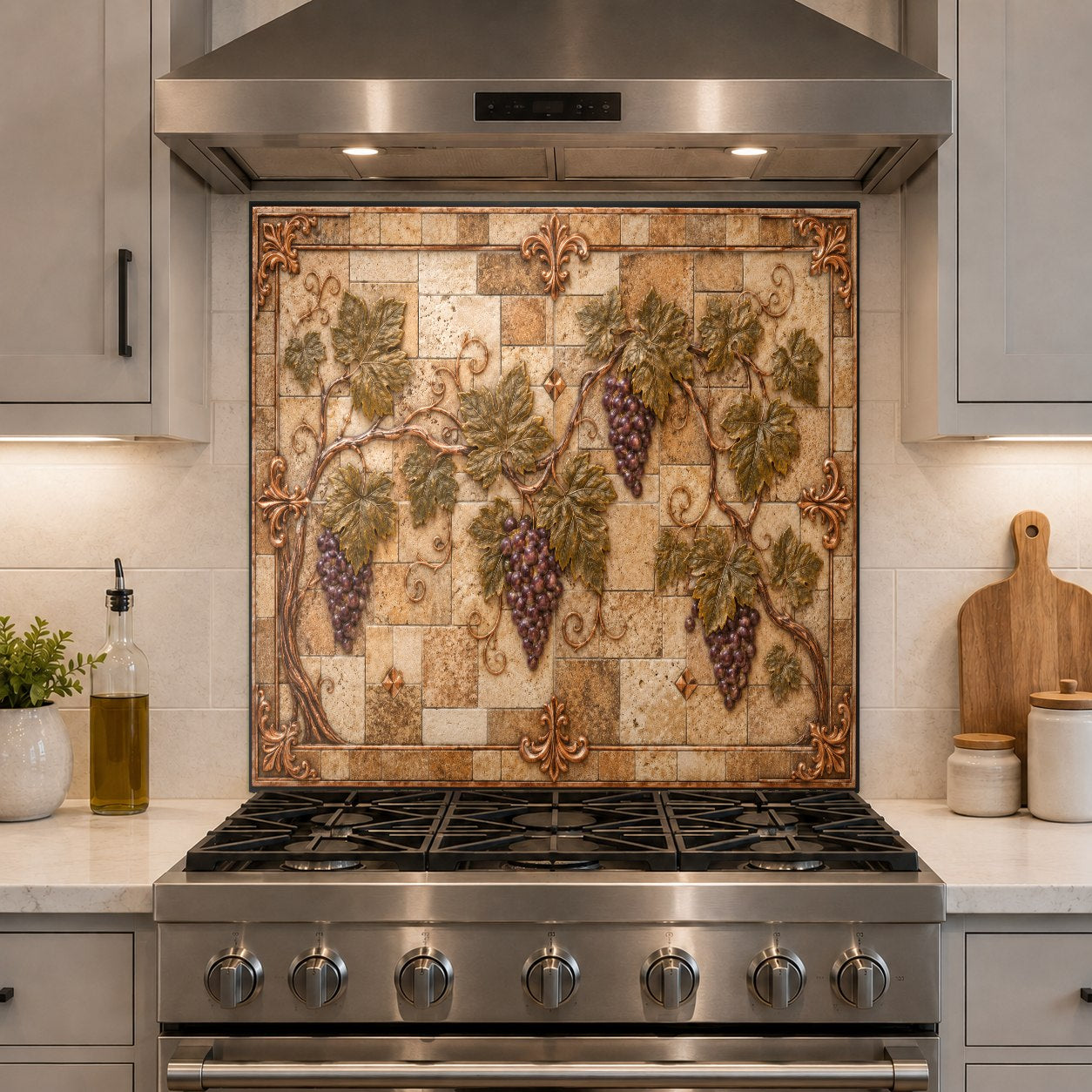 Tuscan style kitchen featuring a copper-toned grape vine glass backsplash panel above a marble countertop.