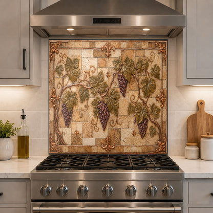 Tuscan style kitchen featuring a copper-toned grape vine glass backsplash panel above a marble countertop.