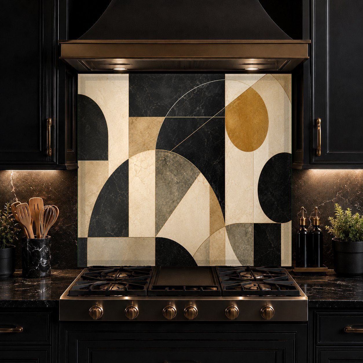 Heat-resistant tempered glass kitchen panel with a modern geometric layout behind a professional range.