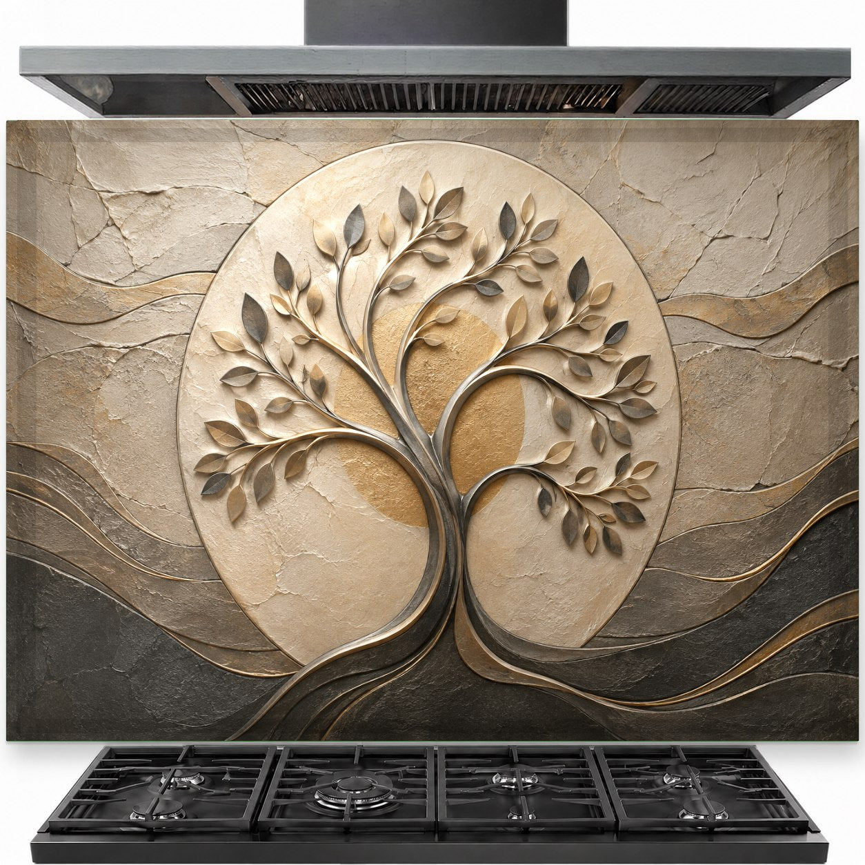 Modern tree tempered glass backsplash installed behind a gas stove