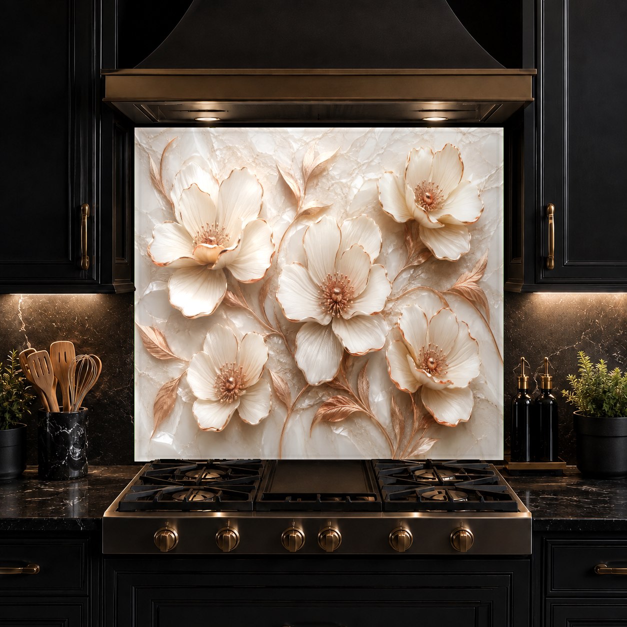 Close-up of the non-porous surface of a floral copper glass backsplash behind a professional range.