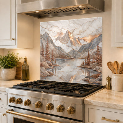 Sleek kitchen cooktop featuring a protective copper mountain lake tempered glass backsplash with a metallic look.