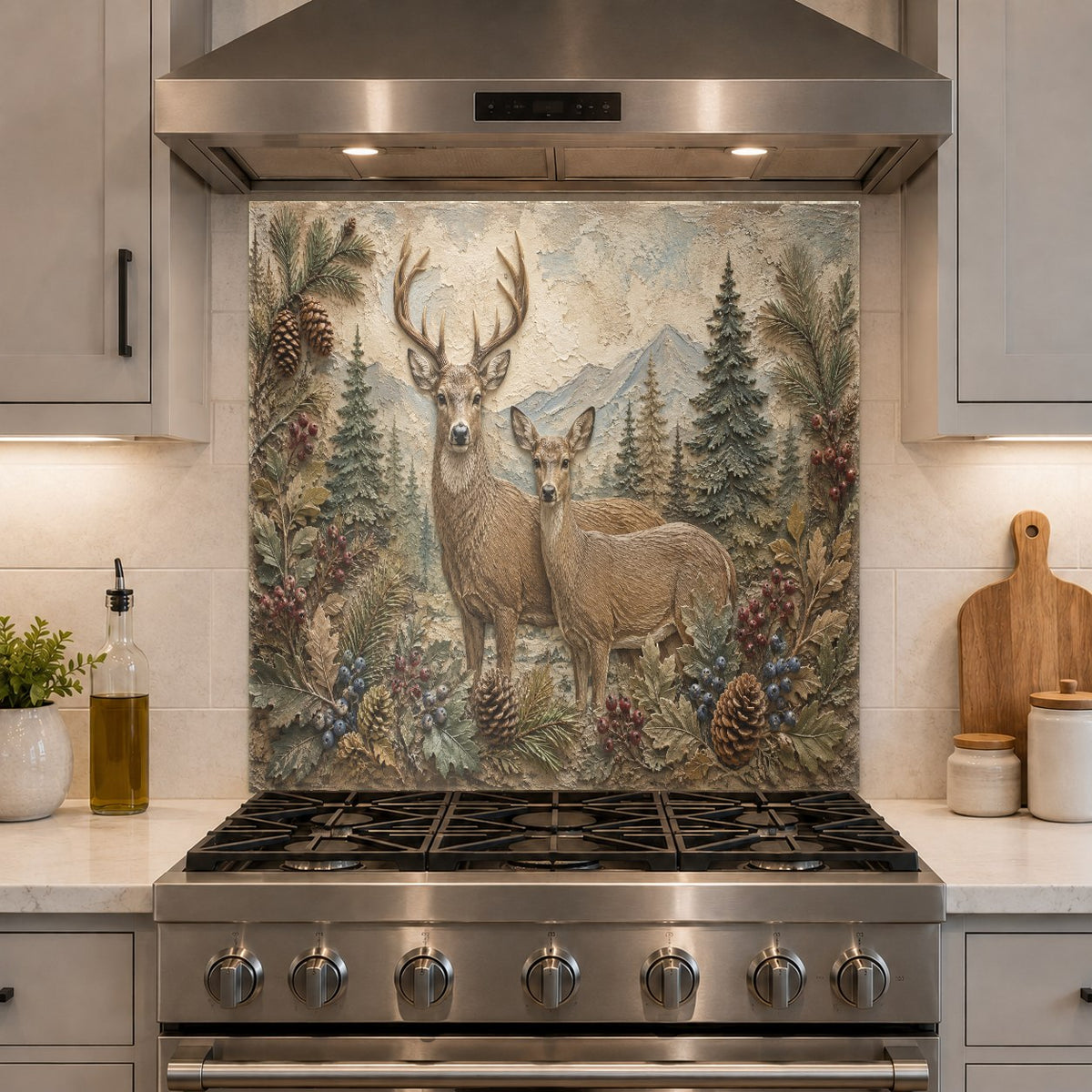 High-gloss glass backsplash panel depicting a deer family in nature, perfect for a lakehouse kitchen bar area.