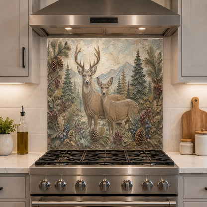 High-gloss glass backsplash panel depicting a deer family in nature, perfect for a lakehouse kitchen bar area.