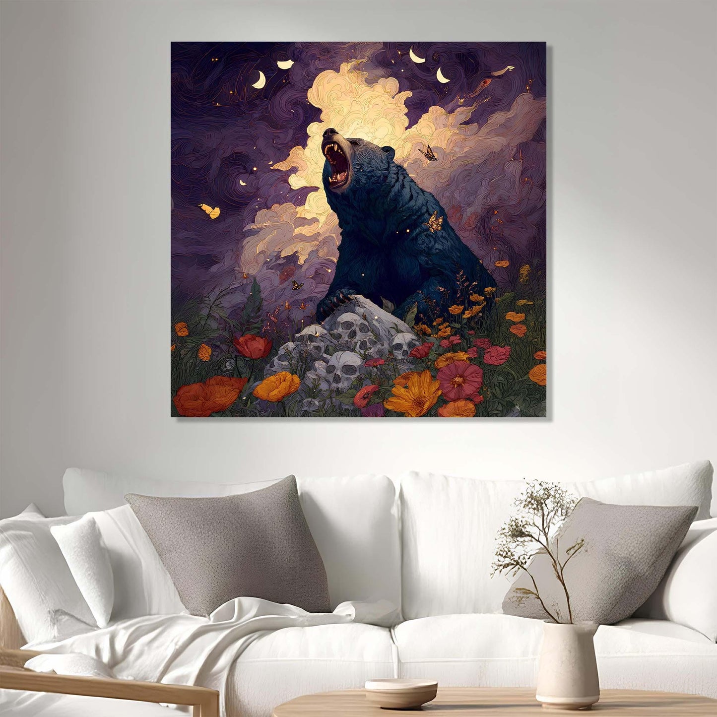 Painting of a bear in a fantasy setting above a white sofa with decorative pillows.