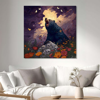 Painting of a bear in a fantasy setting above a white sofa with decorative pillows.