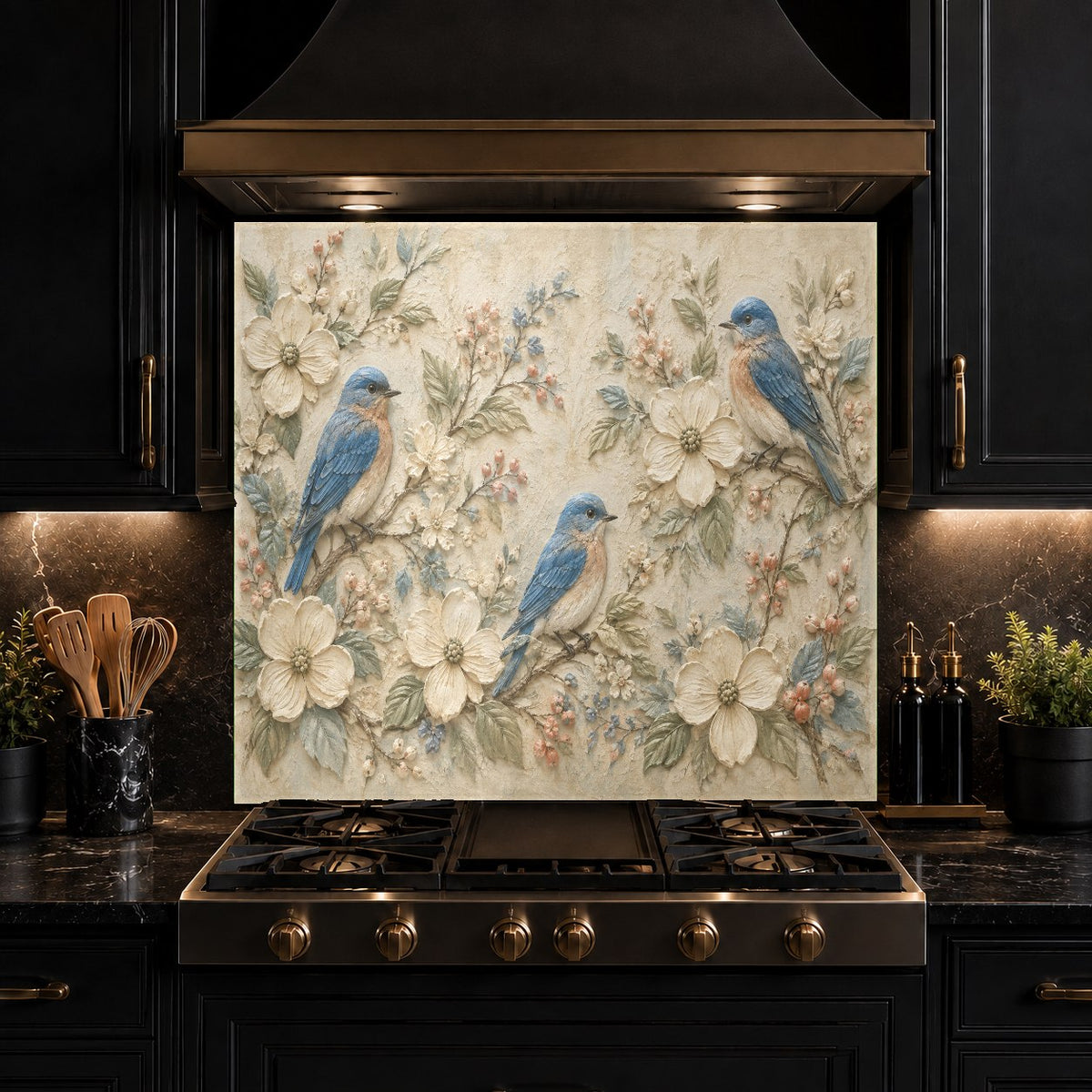 Close up of blue bird glass kitchen backsplash with high-gloss finish