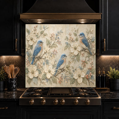 Close up of blue bird glass kitchen backsplash with high-gloss finish