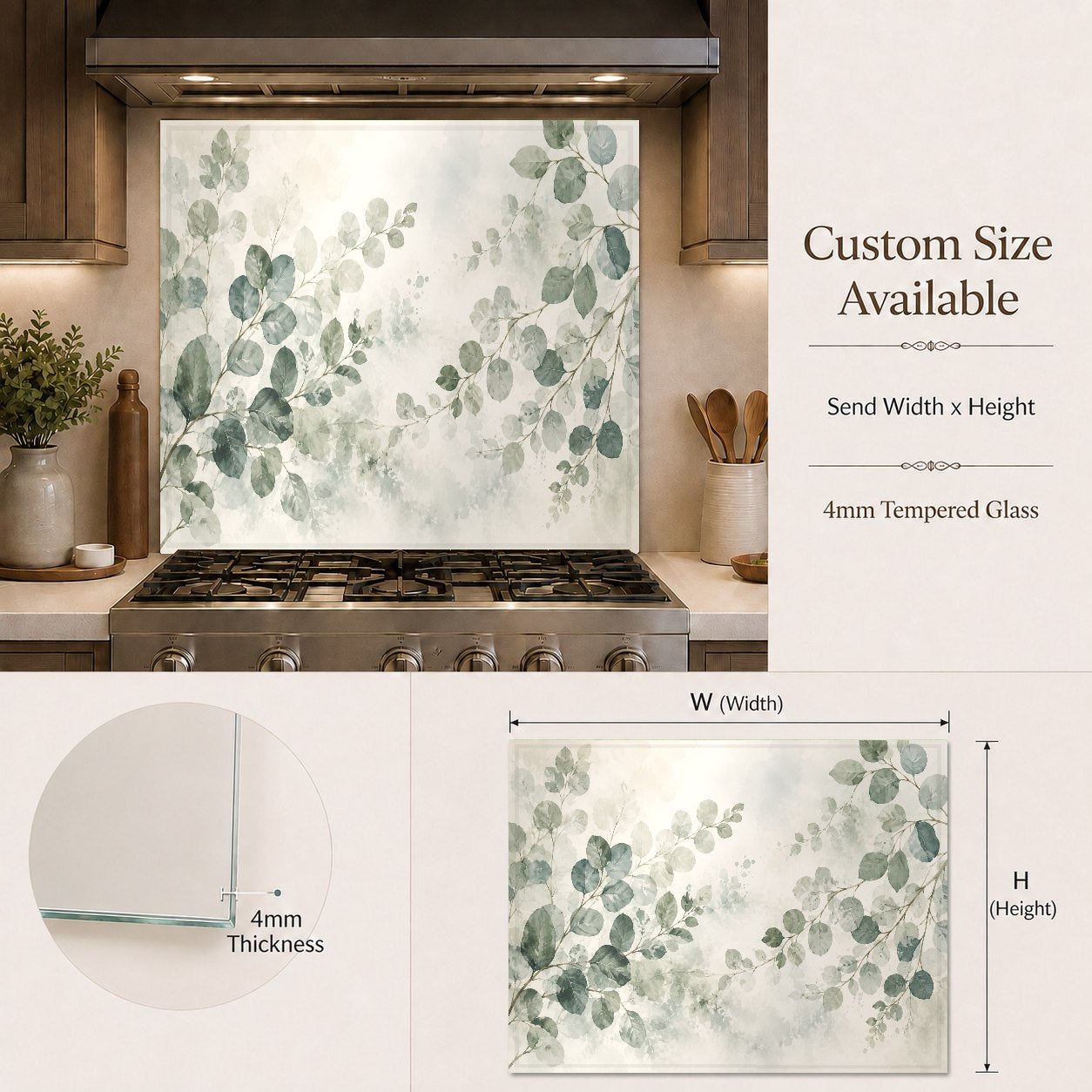 Modern kitchen design featuring a durable eucalyptus glass backsplash behind a professional-grade range.