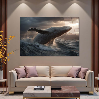 Beige sofa with decorative pillows in a living room setting, featuring a large whale painting on the wall.