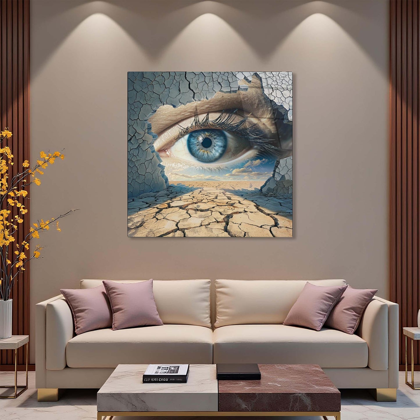 Modern living room with a large abstract painting of an eye on the wall above a beige sofa.