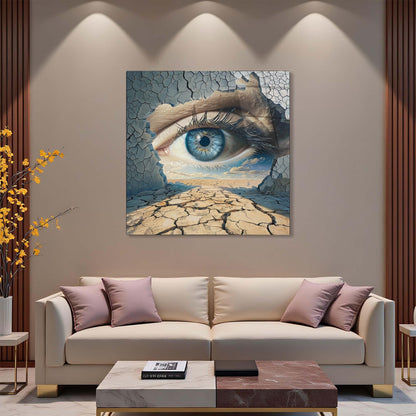 Modern living room with a large abstract painting of an eye on the wall above a beige sofa.