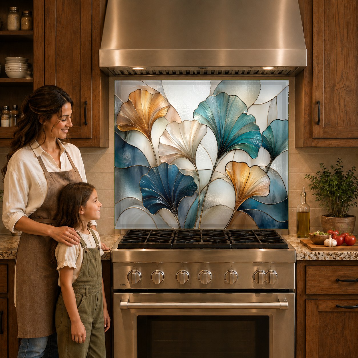 Botanical kitchen glass backsplash panel mounted behind an electric cooktop