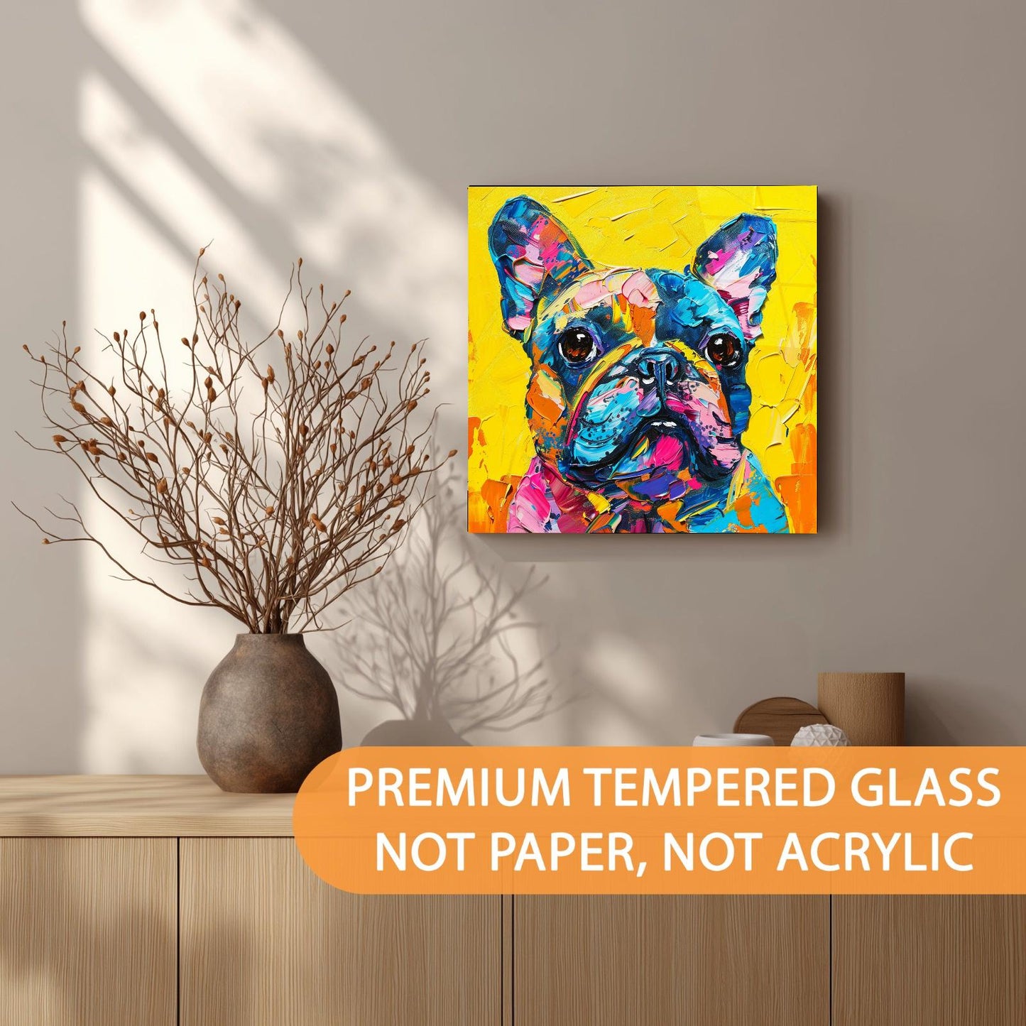 Colorful dog painting on a wall above a wooden shelf with decorative items.