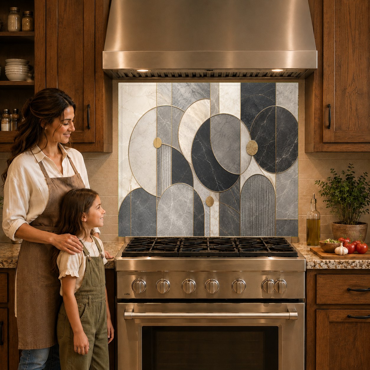 Close-up of a gold and charcoal geometric kitchen backsplash panel behind an induction cooktop.