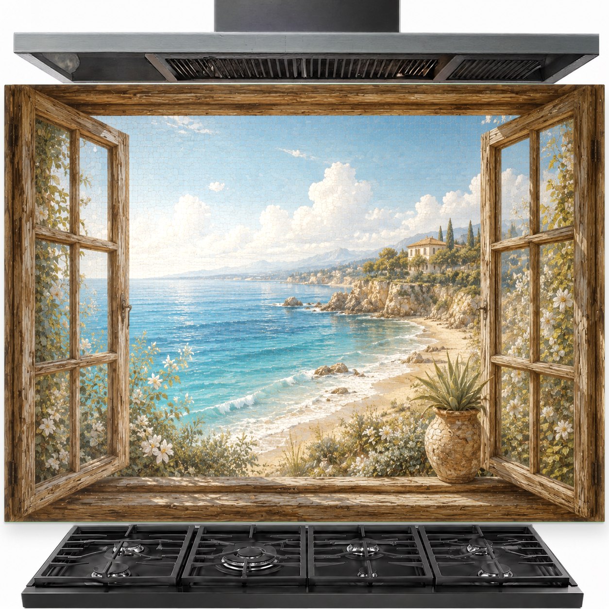 Coastal view tempered glass backsplash installed behind stove