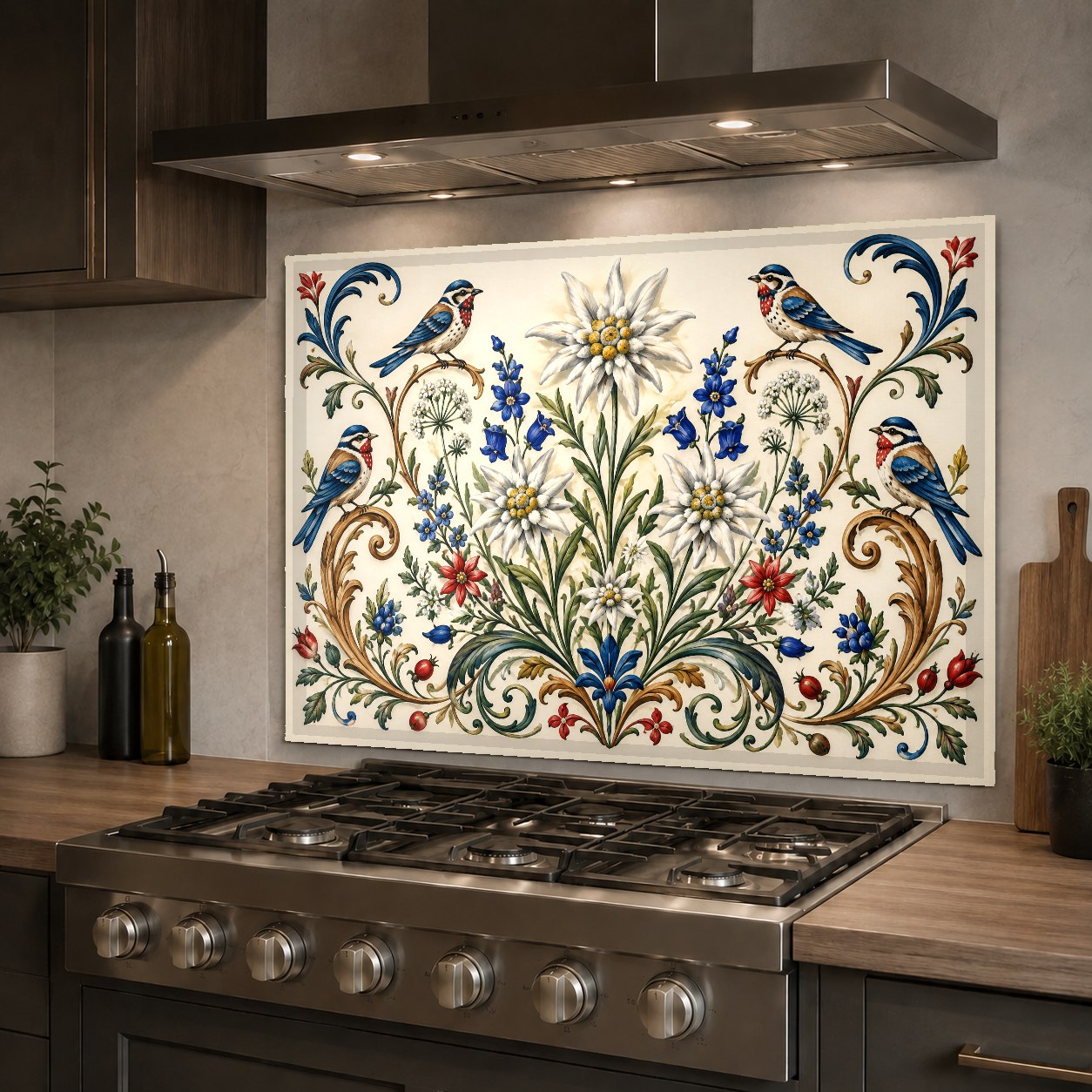 Tempered glass kitchen backsplash with coral botanical design mounted behind a farmhouse sink