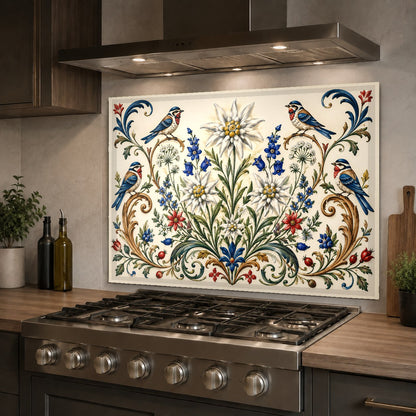 Tempered glass kitchen backsplash with coral botanical design mounted behind a farmhouse sink