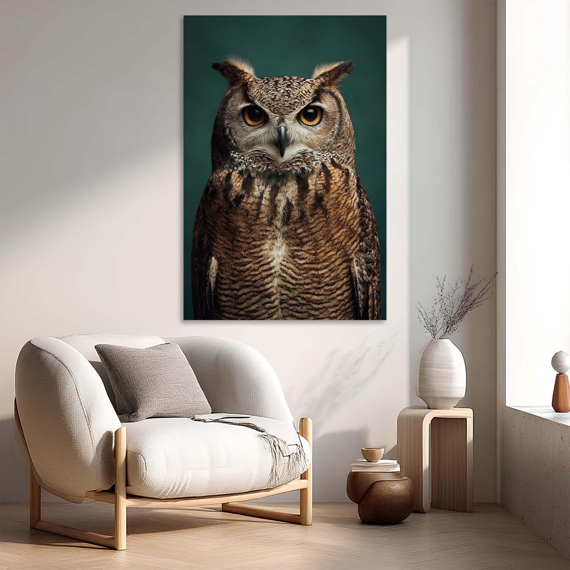 Owl painting on a wall above a white armchair in a modern living room.
