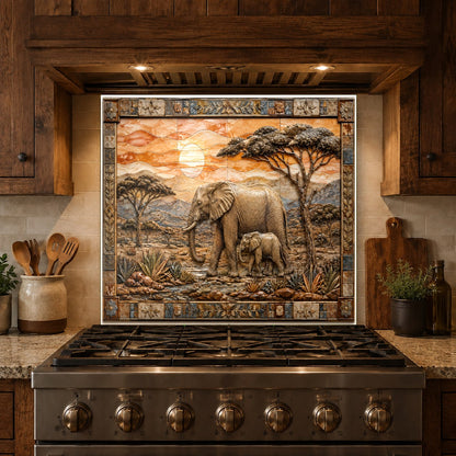 Custom glass backsplash panel showing wildlife elephant family design in a home kitchen