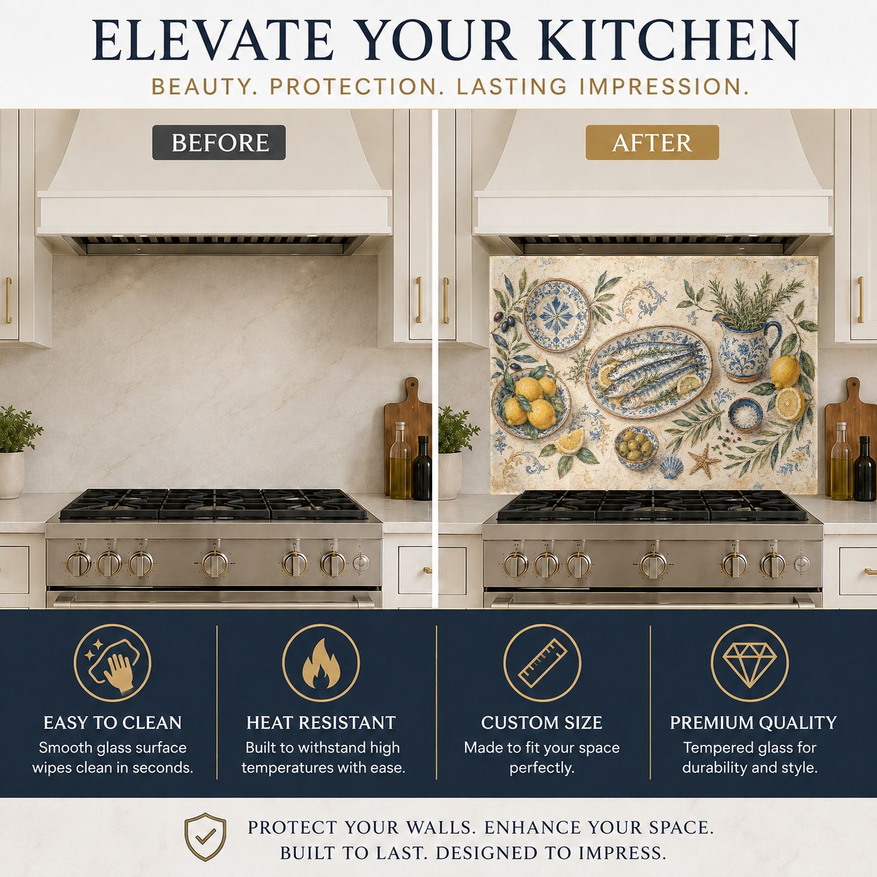 Durable heat-resistant glass stove guard with lemon fish pattern protecting kitchen walls from grease splatters.