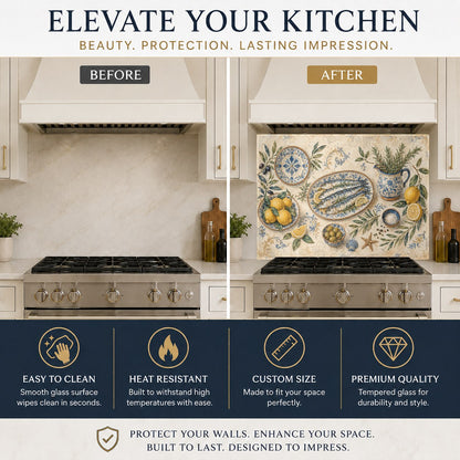 Durable heat-resistant glass stove guard with lemon fish pattern protecting kitchen walls from grease splatters.